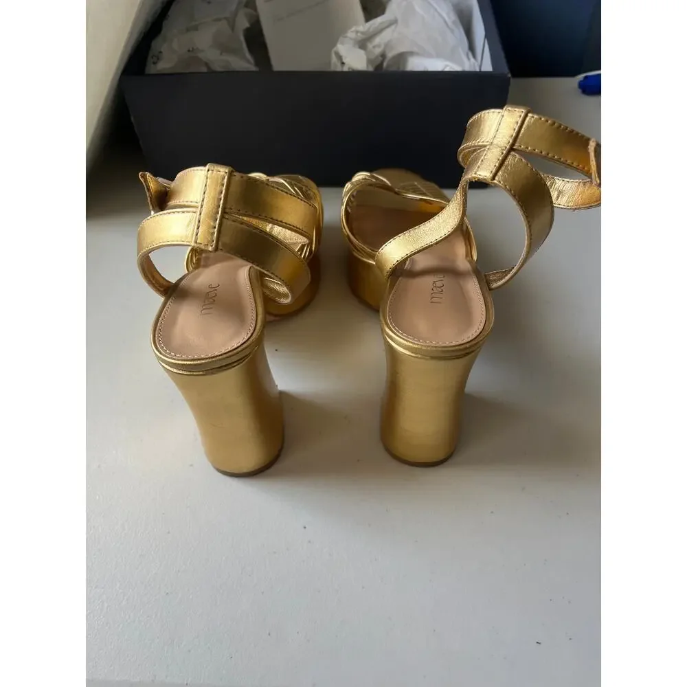 Maeve Anthropologie Lorelei Gold Leather Platform Ankle Strap Heels Size37 6-6.5